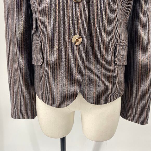 Vintage 90s Carmel Zhao Wool Blazer Single Breasted Striped Brown Womens 6 - Picture 3 of 15